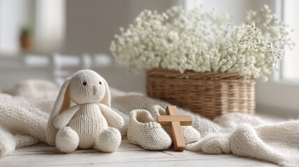 Sweet Baptism or Baby Shower Still Life: Knitted bunny, booties, and wooden cross with flowers