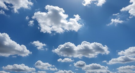 Obraz premium Bright sun shining through fluffy white cumulus clouds in a vast, clear blue summer sky