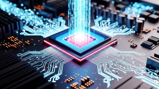 Futuristic microchip with data transfer beams, set against a high-tech circuit board background