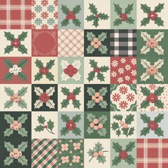 A decorative patchwork design featuring holly leaves and berries, celebrating the festive spirit of the holidays.
