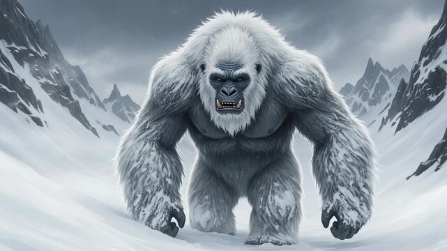 Fierce yeti creature in a snowy mountain landscape