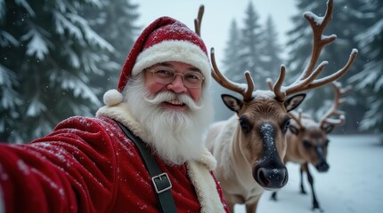 Santa Claus Selfie with Reindeer in Snowy Winter Wonderland. Christmas Holiday Spirit, Festive Fun, Cheerful Celebration, Magical Season. 
