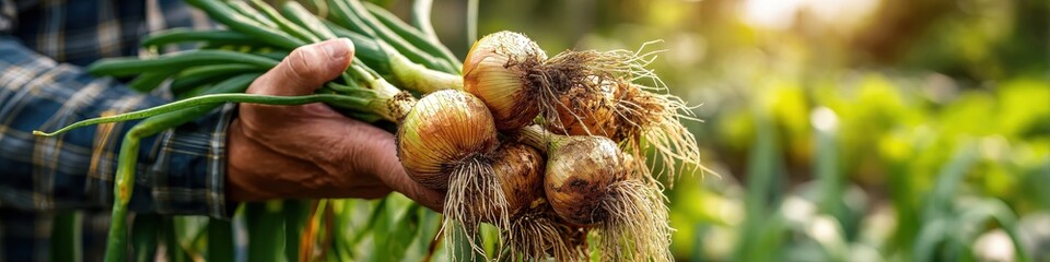 Farmer's hands holding a bunch of freshly harvested organic bulb onions with greens