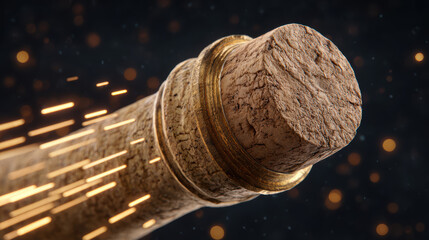 Fototapeta premium Celebratory close up of champagne cork popping from bottle with golden sparkle and motion. festive moment for new year party, success, or luxury event