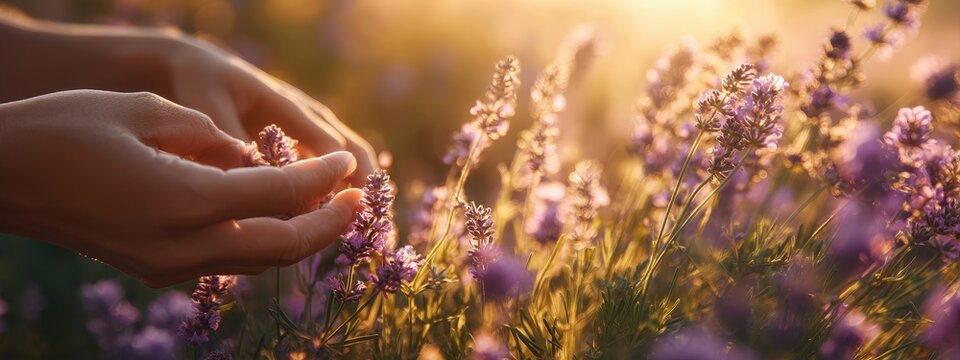 Woman's hands gently touching blooming lavender in sunset light