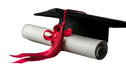 Diploma scroll with red tassel next to mortarboard hat on dark background