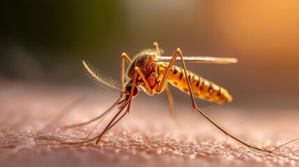 Fototapeta premium Extreme close-up macro shot of a mosquito perched on human skin in sunlight