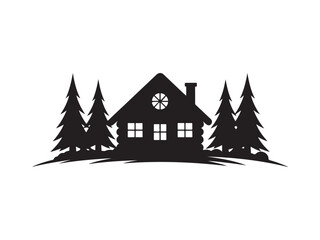 Cabin House with Pine Trees Silhouette Vector Graphic