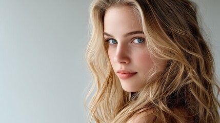 Fototapeta premium Stunning portrait of a beautiful young blonde woman with long wavy hair and blue eyes