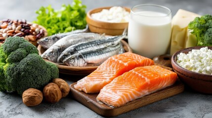 Balanced diet and healthy eating. Assortment of food sources for protein, calcium, and Omega-3