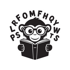Monkey Reading a Book Vector Graphic Illustration Alphabet Design