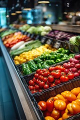 Obraz premium Modern bazaar counter: a vibrant display of fresh vegetables and fruits