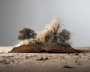 Conceptual Artwork of Book Exploding with Trees and Soil Symbolizing Environmental Knowledge and Destruction of Nature