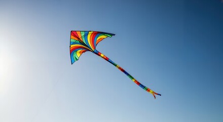 A Colorful Rainbow Kite Soaring High Against a Clear Blue Sky, Capturing the Joy of Outdoor Play and Leisure Activities