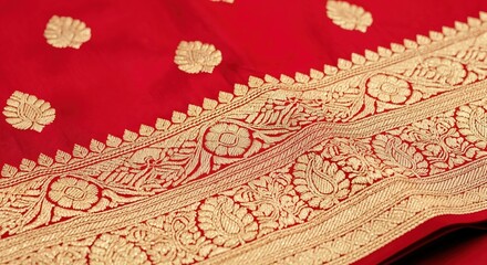 Intricate Red Silk Sari with Gold Embroidery Detailing: A Traditional Indian Garment Showcasing Embellished Patterns and Craftsmanship for Festive Occasions