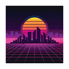Retro Futuristic Cityscape at Sunset with Grid Horizon