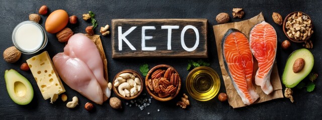 Keto Diet Food Set: Meat, Salmon, Cheese, Eggs, Avocado, Nuts, and Seeds