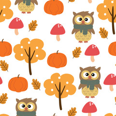 seamless pattern cartoon cute owl wearing a gray scarf with white background with autumn vibes. cute autumn fall wallpaper for fabric print, gift wrapper