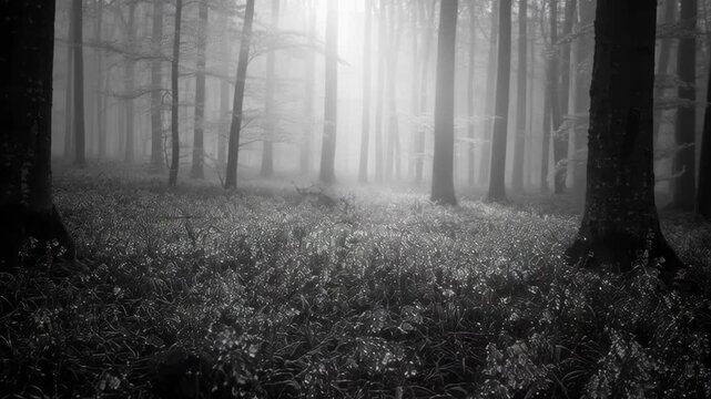 Misty Forest Floor With Sunbeams Breaking Through Tree Silhouettes Creating Dramatic Atmospheric Light And Shadow Play On A Cool Autumn