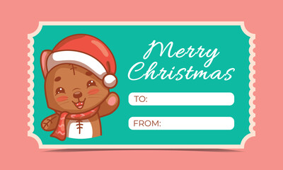 Christmas invitation card with cute cat in kawaii style, New Year colorful vector illustration