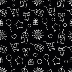 Black Friday seamless vector pattern with shopping carts, discount tags and gift icons on black background