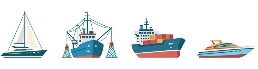 Obraz premium Colorful vector drawings of four different types of boats, including a sailboat, fishing boat, cargo ship, and motorboat, arranged in a horizontal line.