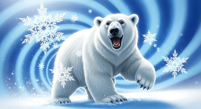 Majestic Polar Bear in Winter Wonderland with Snowflakes.