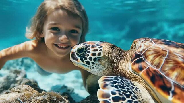Child swims with a sea turtle in crystal clear water during a sunny day at a tropical location