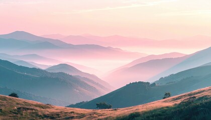 Serene mountain landscape at sunrise with soft pink and blue hues illuminating the misty valleys and rolling hills bathed in gentle morning light