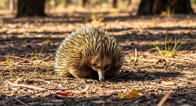 Short-beaked echidna foraging in dry forest floor with dappled sunlight.