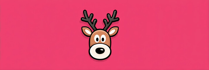 Cute cartoon reindeer head illustration. Surprised funny animal character design for christmas holiday. Adorable festive graphic, simple winter season icon on pink background