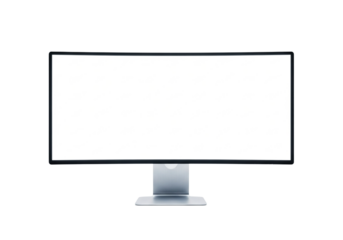 A modern, curved computer monitor with a blank white screen, isolated on transparent background