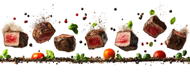 Flying beef cubes with spices on black