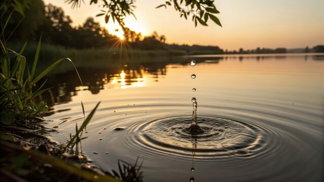 Droplet of water falling into the calm pond at sunset