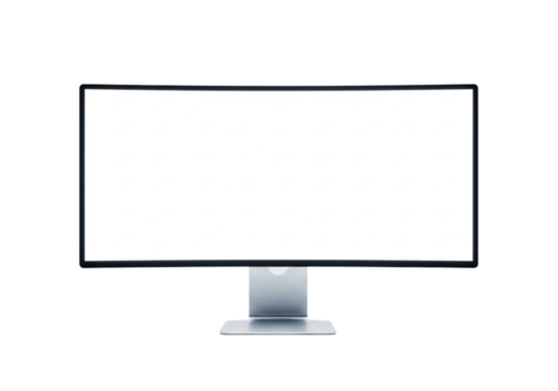 A modern, curved computer monitor with a blank white screen, isolated on transparent background