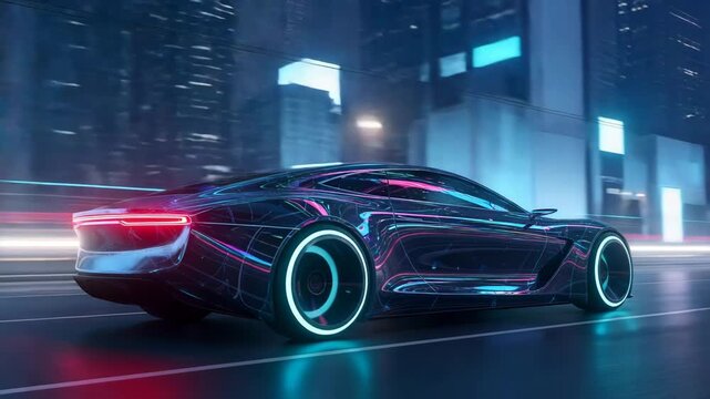 Futuristic black sports car with glowing wheels driving through a neon city at night