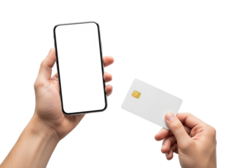 Person holding a smartphone and a credit card, isolated on transparent background