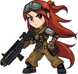 Cartoon Female Mercenary Mascot Vector – Strong Redhead Soldier with Rifle and Tactical Gear
