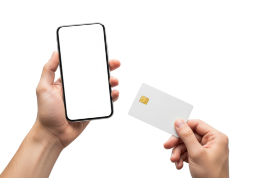 Person holding a smartphone and a credit card, isolated on transparent background