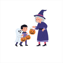 Flat Vector Grandma Giving Candy to Kids in Halloween Costumes