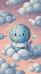 Sad Earth Illustration with Thermometer and Bandage Representing Global Warming and Environmental Illness