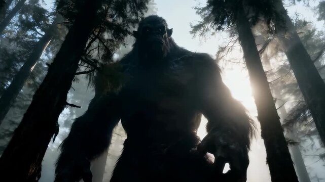 Mysterious Bigfoot Creature Standing Tall in a Sunlit Forest with Tall Trees and Fog