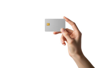 A persons hand holding a blank credit card with a chip, isolated on transparent background