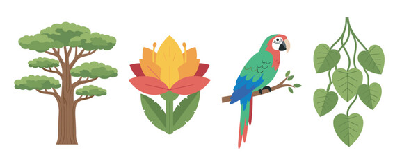 Flat illustrations of a tall leafy tree, a colorful blooming flower, a vibrant parrot perched on a branch, and a vine with green hanging leaves.