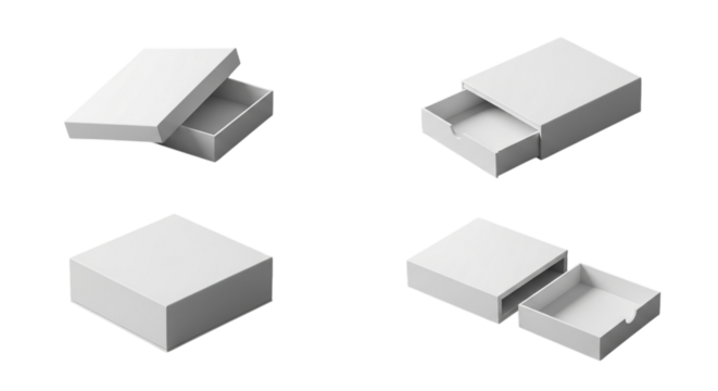 Collection of four blank white cardboard boxes with lids, isolated on transparent background