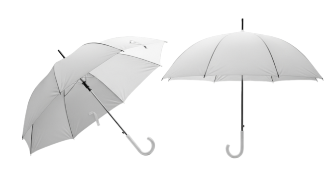 Two white umbrellas, one open and one partially open, isolated on transparent background