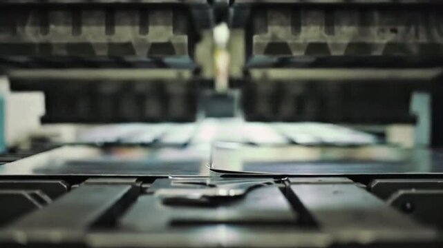 Industrial stamping machines move rhythmically, printing repetitive metal shapes with strong pressure and stable speed.