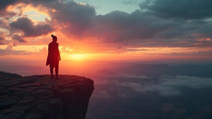 Silhouette of a person standing on a cliff edge at sunset, breathtaking view, inspirational moment, achieving goals