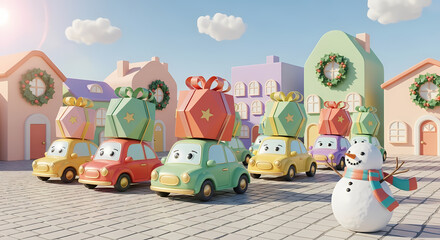Naklejka premium Whimsical cartoon cars adorned with festive christmas gifts and a friendly snowman stand in a charming snow dusted village setting