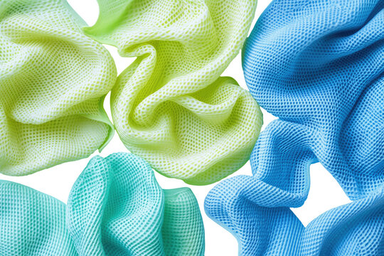 Crinkled fabrics in lime, turquoise, and blue with textured mesh weave